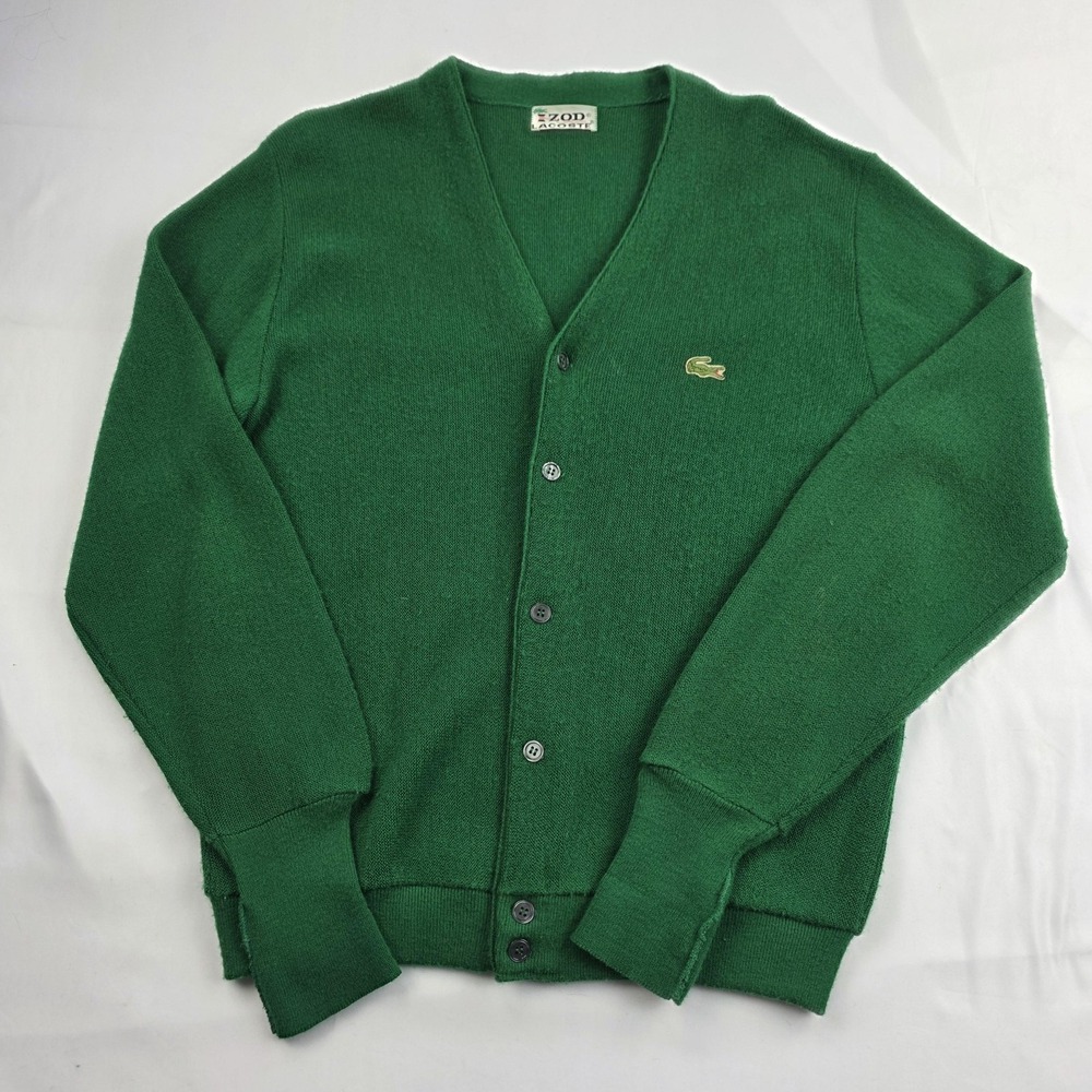 Vintage Izod Lacoste Cardigan Sweater Mens Large Green Orlon Acrylic V Neck